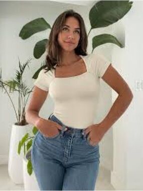 Square Neck Short Sleeve Top in Cream